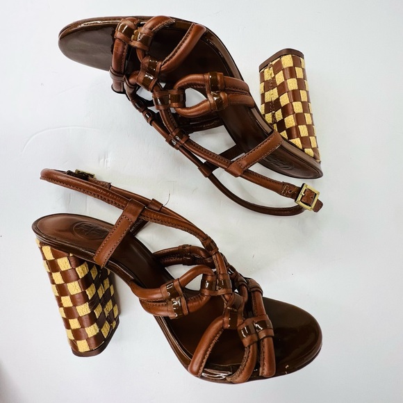 Tory Burch LAYCE Almond Woven Canvas Leather Heel Sandals - Size 6.5 - Picture 6 of 7